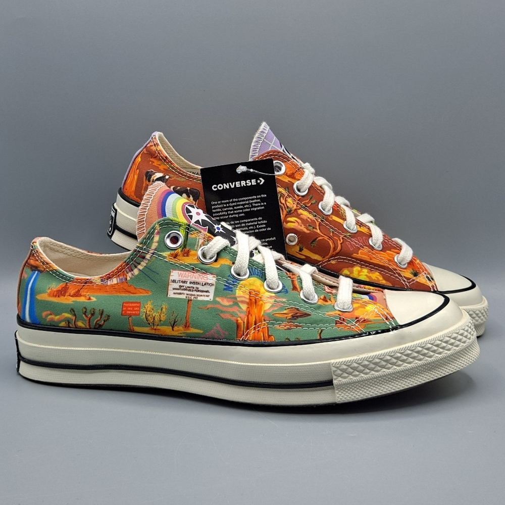 Converse Low Top Sneakers in Green, Orange, Yellow. Amusing UFO theme.